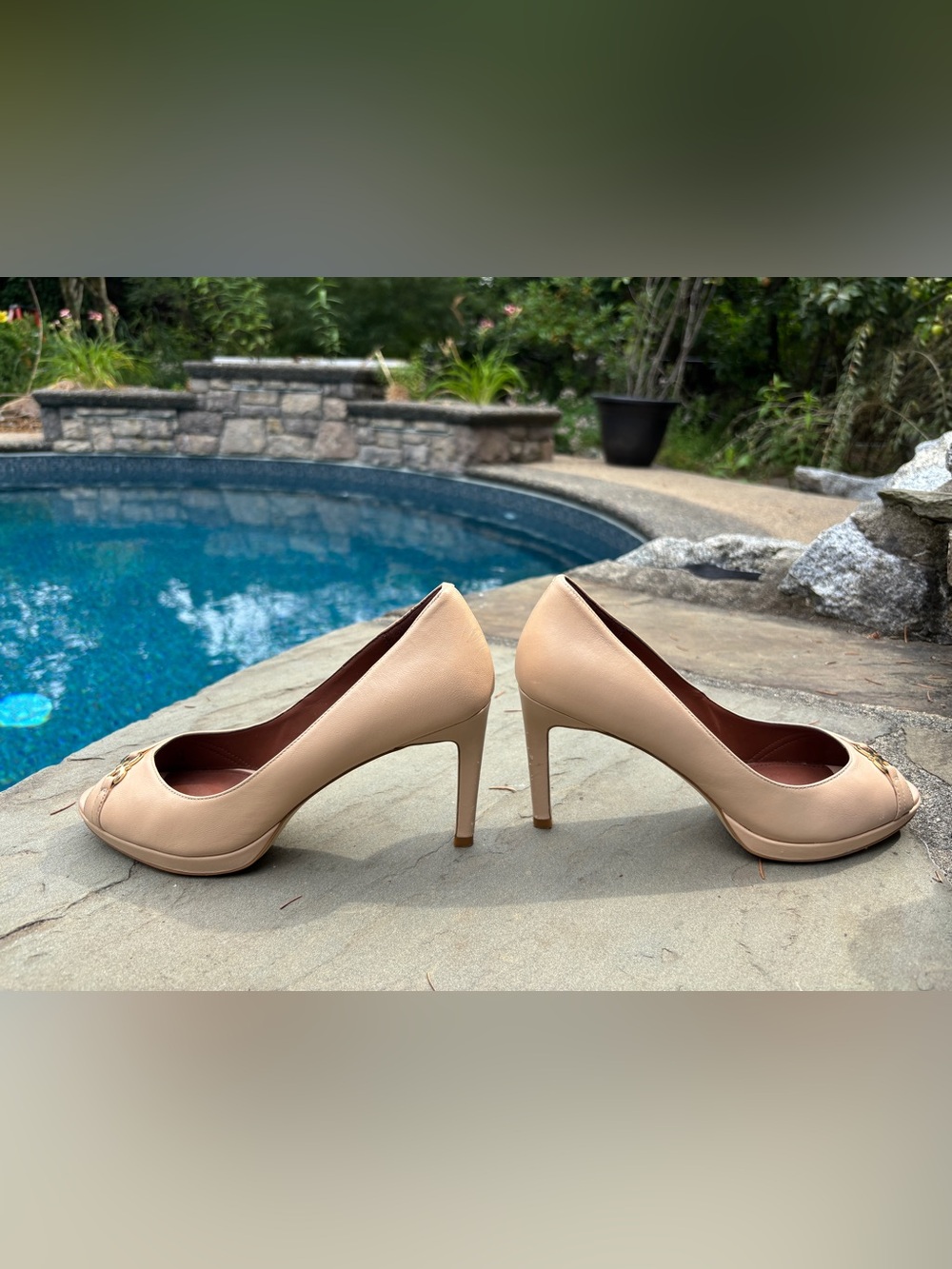 Cole Haan Grand.ØS Leather Peep Toe Pumps Beige 7.5B
